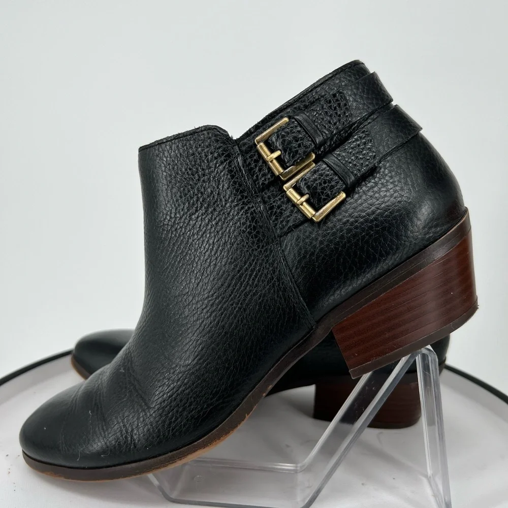 SAM EDELMAN BLACK LEATHER BUCKLE BOOTIES,‎ ALMOND TOE WOODEN HEEL, INSIDE ZIPPER